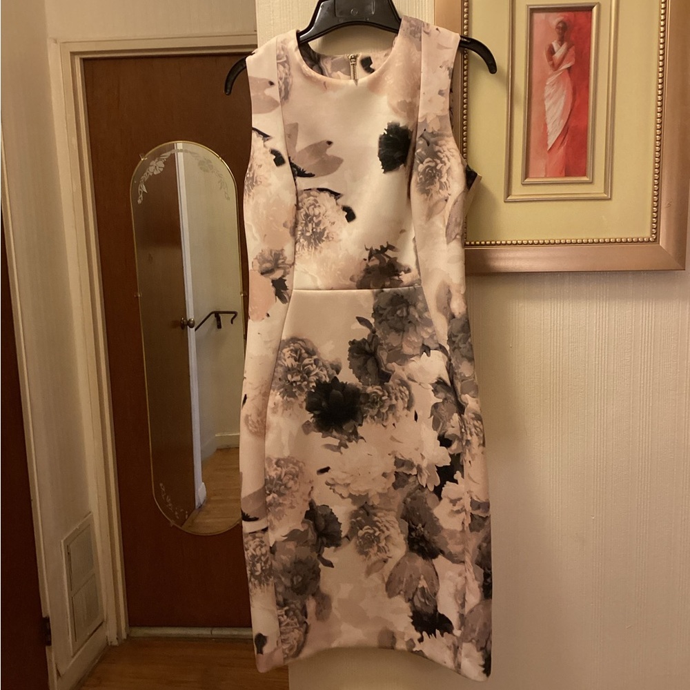 Calvin Klein Black and Cream Floral Midi Dress